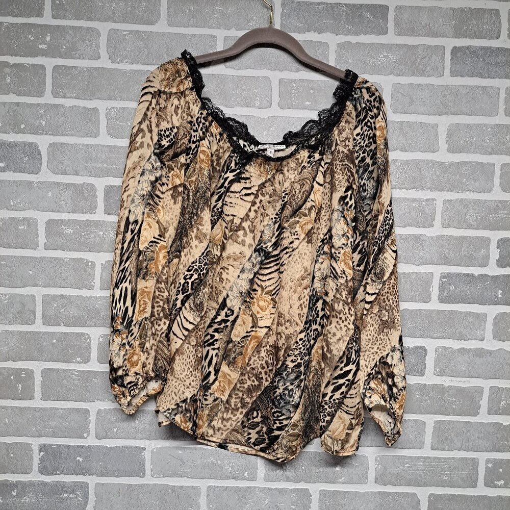 Alberto Makali Womens Animal Print Lace Off Shoulder Neck Y2k‎ Blouse Size Small